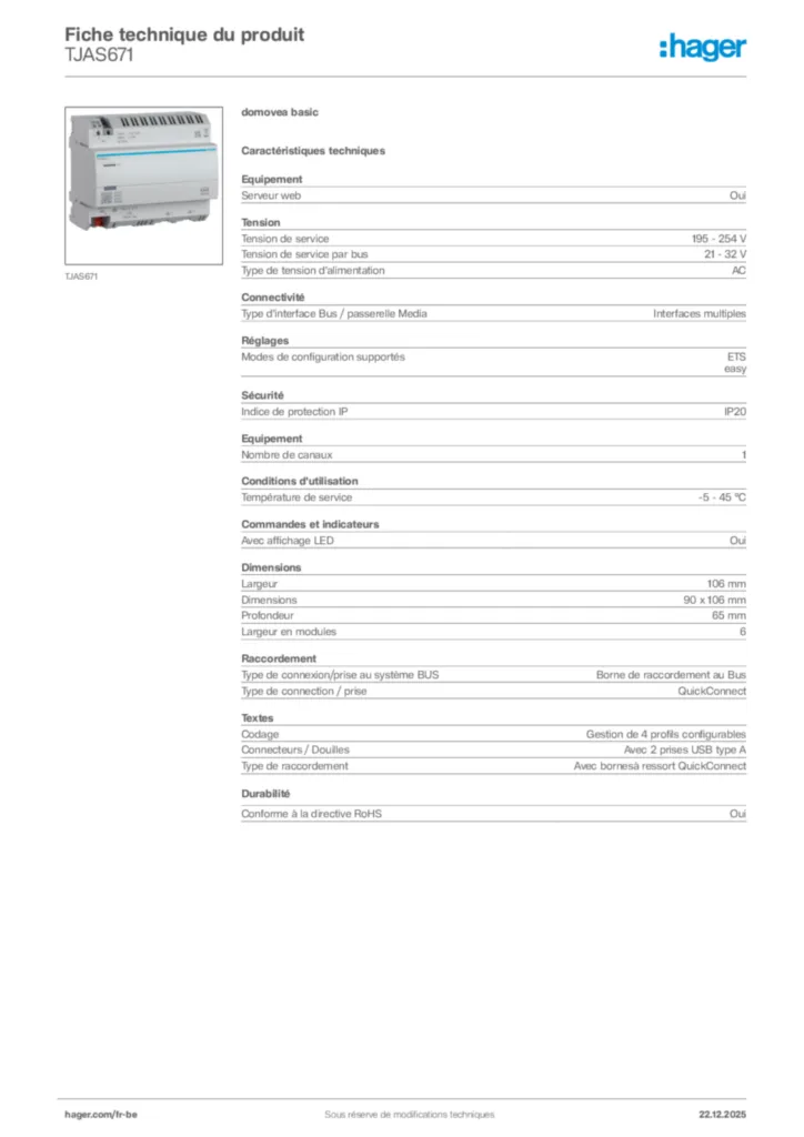 Image Hager Fiche technique du produit TJAS671 | Hager Belgique