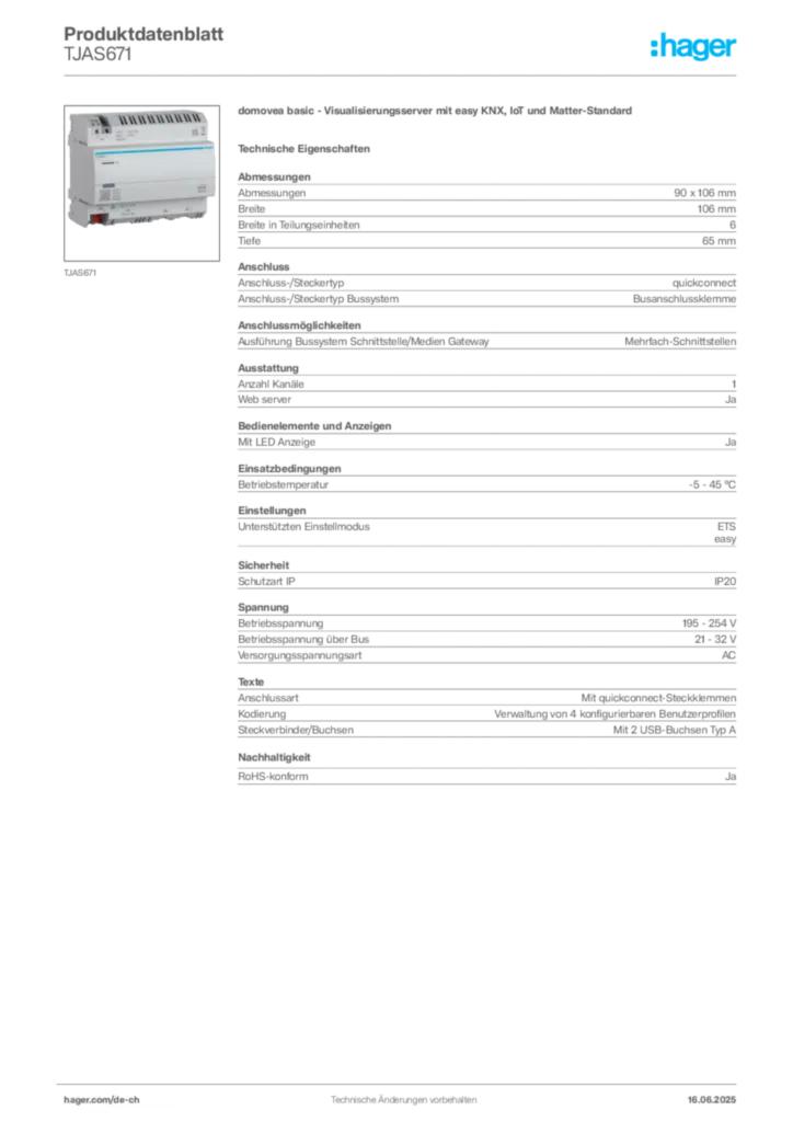 Bild Hager Produktdatenblatt TJAS671 | Hager Schweiz