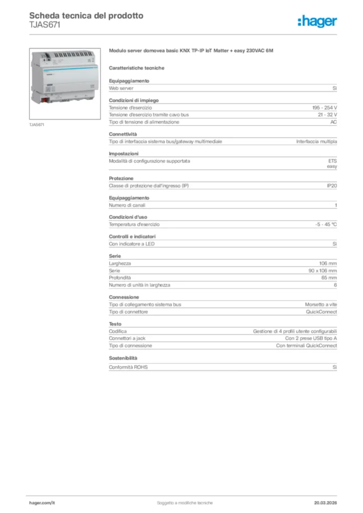 Immagine Hager Scheda tecnica del prodotto TJAS671 | Hager Italia