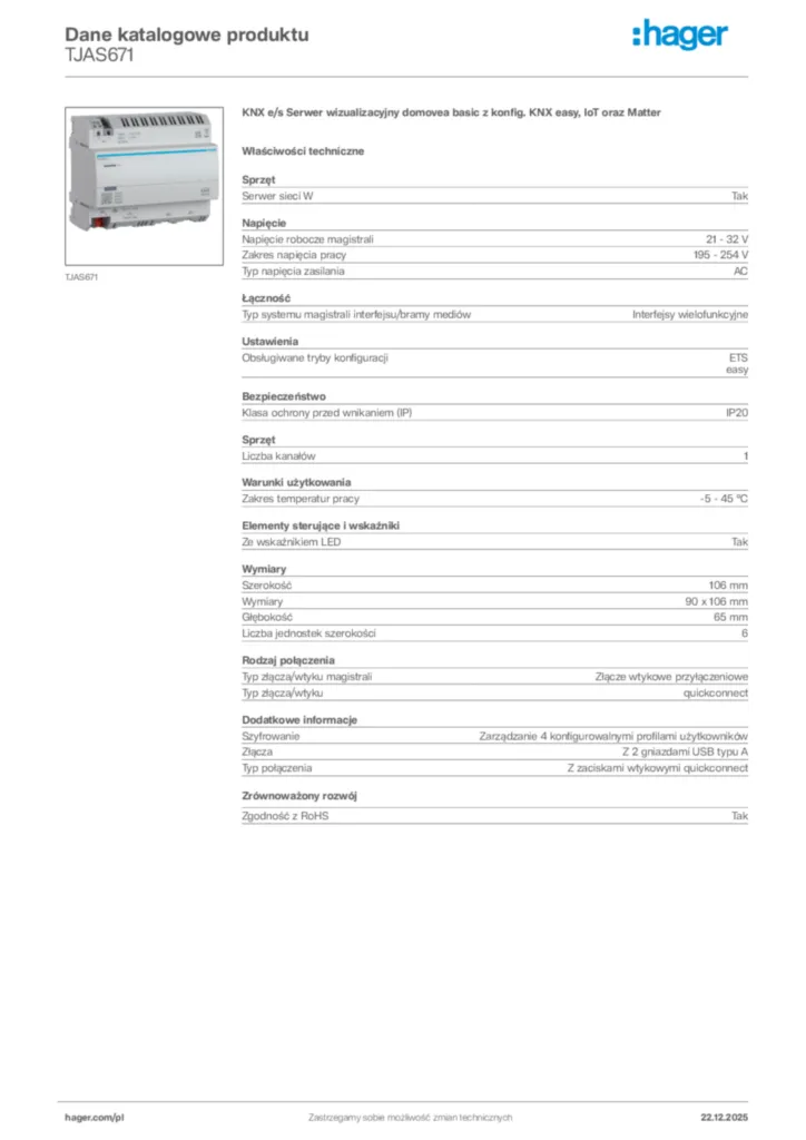 Zdjęcie Hager Karta katalogowa TJAS671 | Hager Polska
