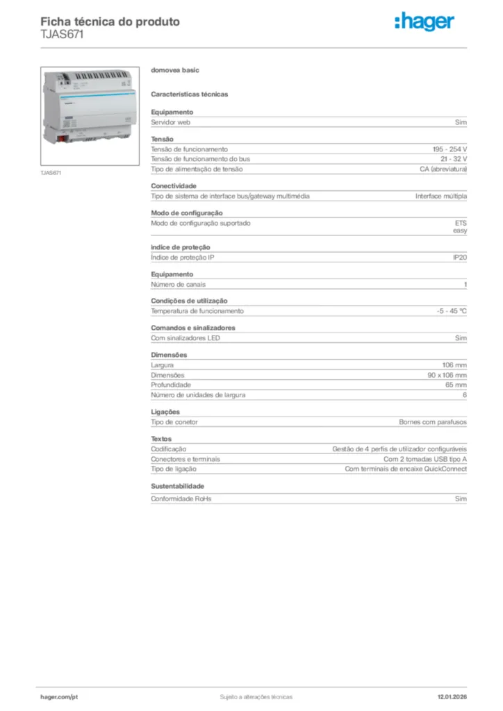 Imagem Hager Ficha técnica do produto TJAS671 | Hager Portugal