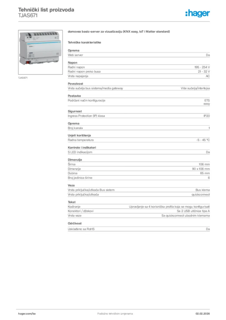 Slika Hager Tehnički list proizvoda TJAS671  | Hager
