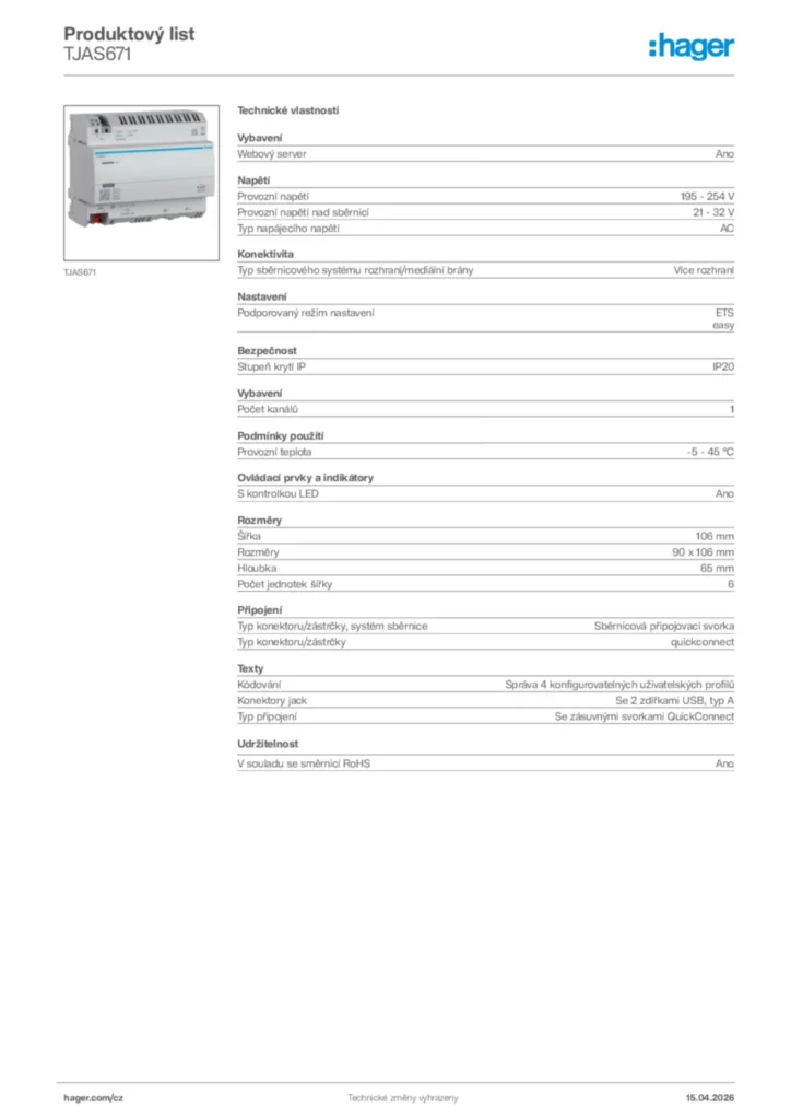 Obrázek Hager Product data sheet TJAS671 | Hager