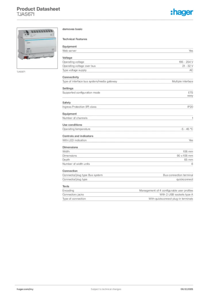 Image Hager Product data sheet TJAS671  | Hager