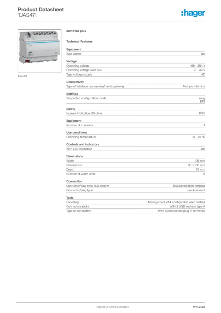 Image Hager Product data sheet TJAS471  | Hager Africa