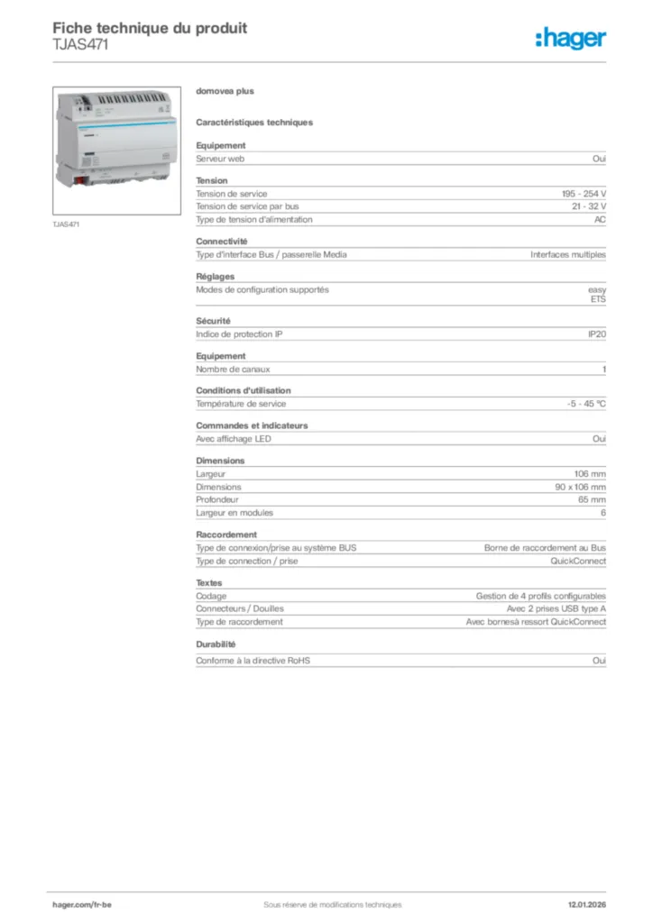 Image Hager Fiche technique du produit TJAS471 | Hager Belgique