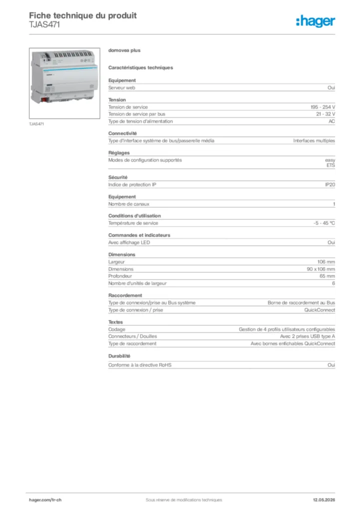 Image Hager Fiche technique du produit TJAS471 | Hager Suisse