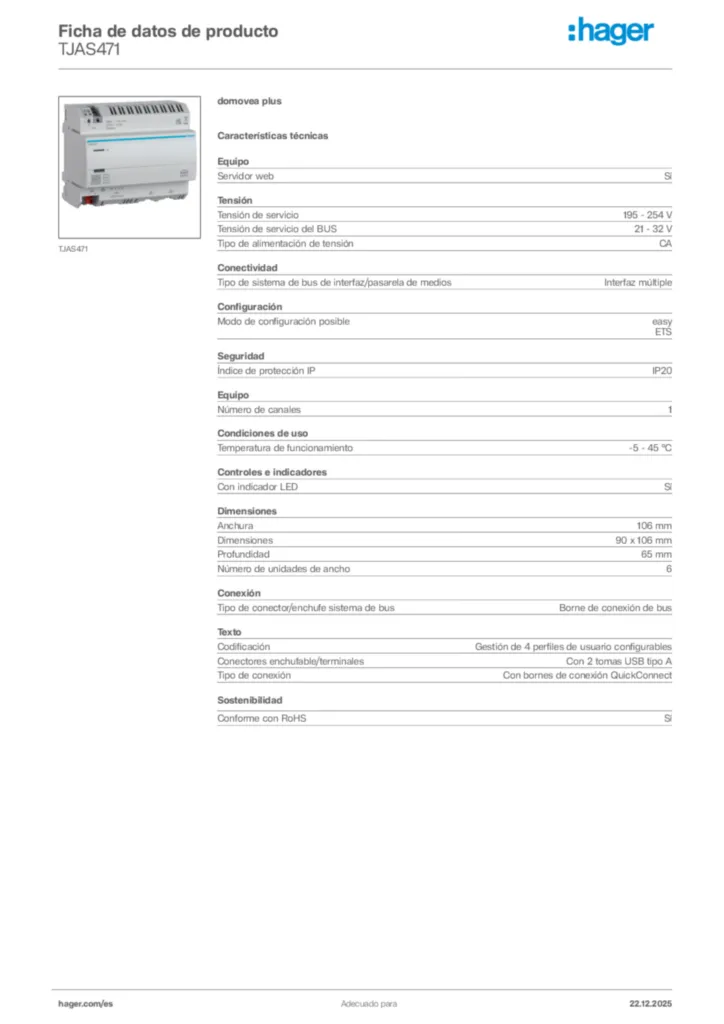 Imagen Hager Ficha de datos de producto TJAS471 | Hager España