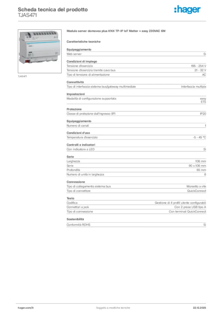 Immagine Hager Scheda tecnica del prodotto TJAS471 | Hager Italia