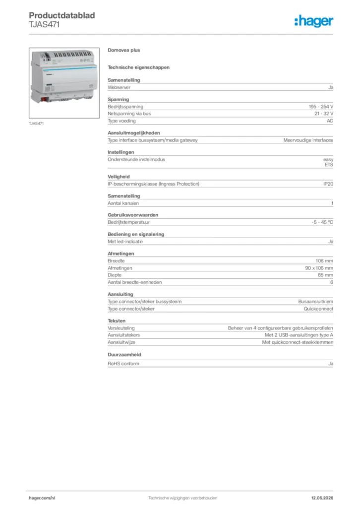 Afbeelding Hager Productdatablad TJAS471 | Hager Nederland