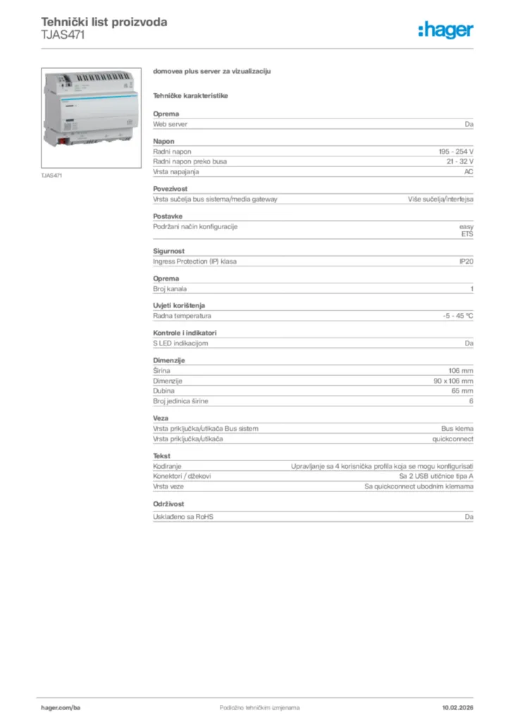 Slika Hager Tehnički list proizvoda TJAS471  | Hager