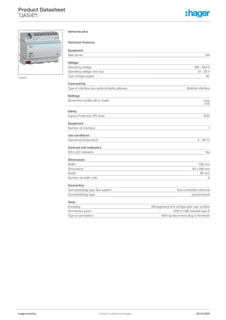 Image Hager Product data sheet TJAS471  | Hager