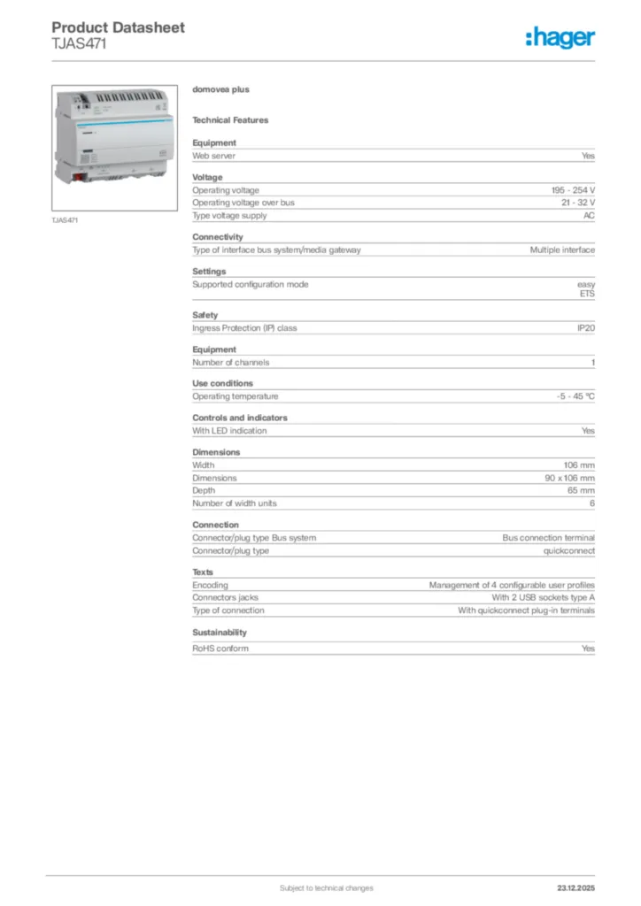 Image Hager Product data sheet TJAS471  | Hager