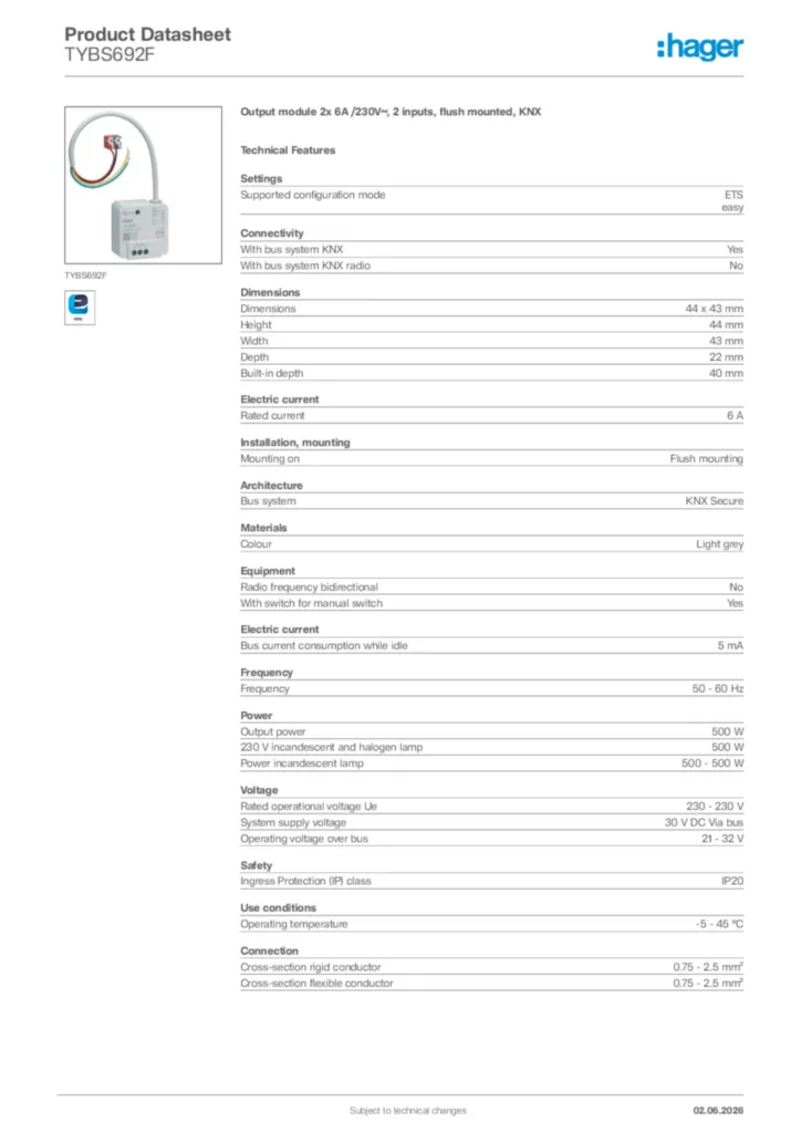 Image Hager Product data sheet TYBS692F  | Hager Africa