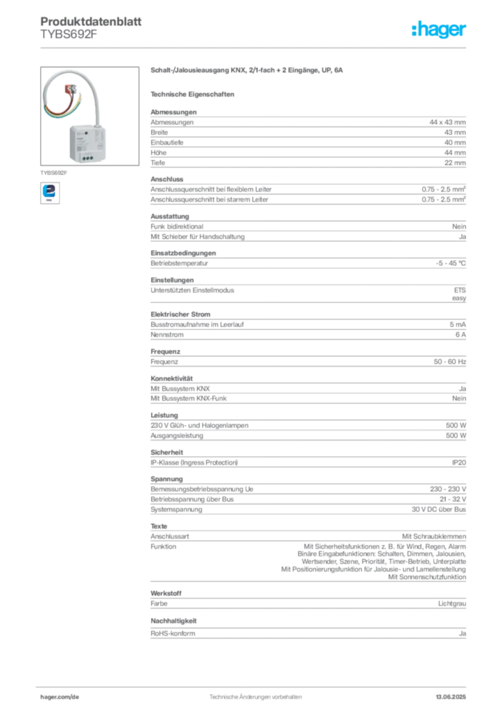 Bild Hager Produktdatenblatt TYBS692F | Hager Deutschland