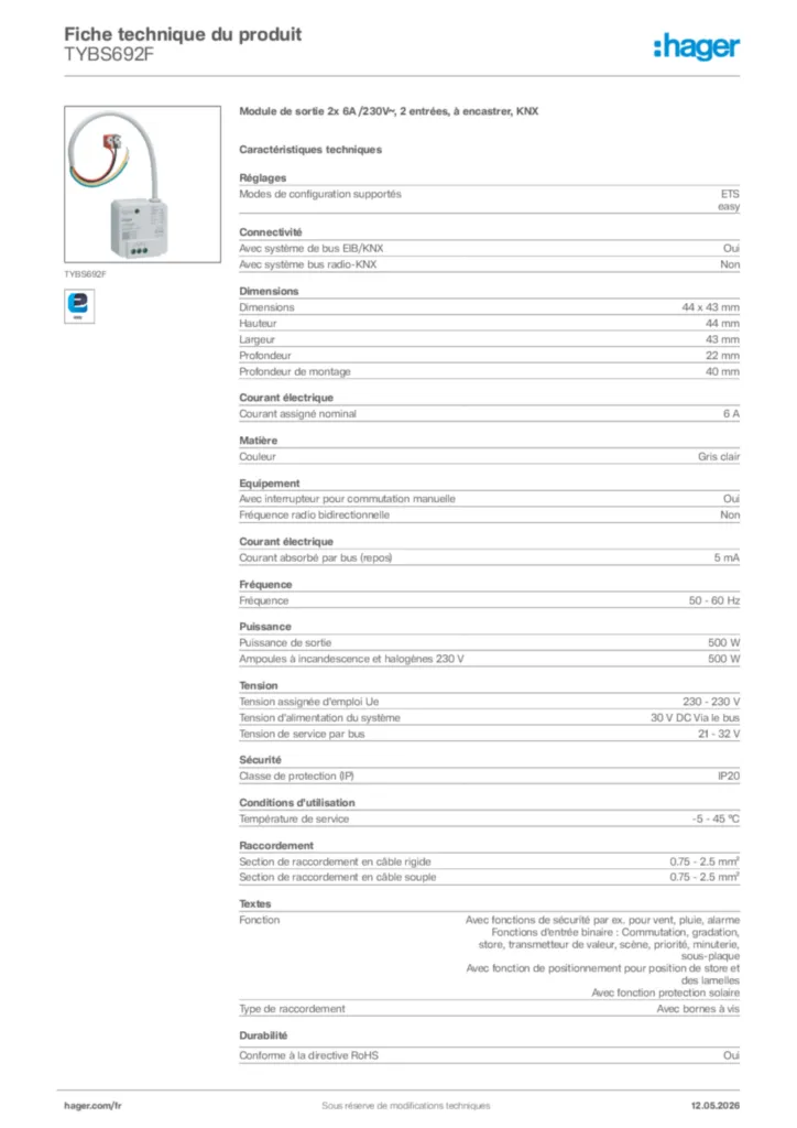 Image Hager Fiche technique du produit TYBS692F | Hager France
