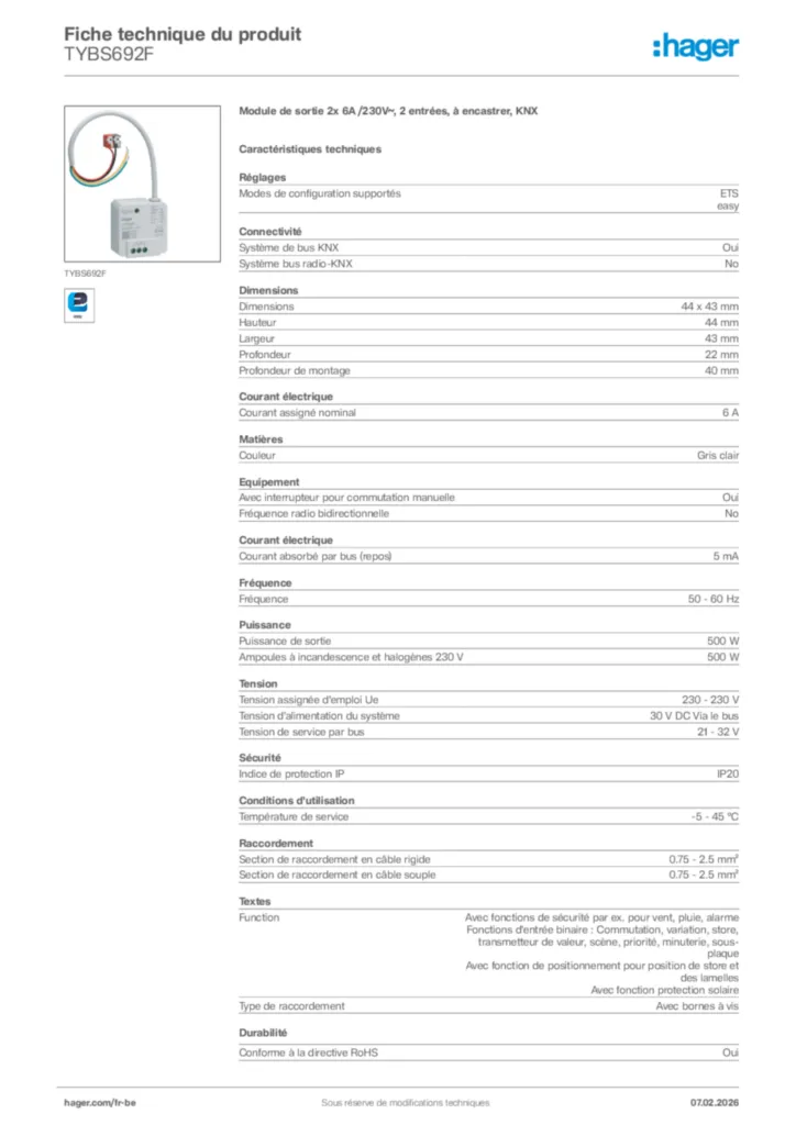 Image Hager Fiche technique du produit TYBS692F | Hager Belgique