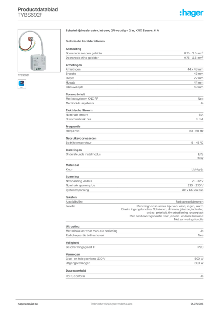 Afbeelding Hager Productdatablad TYBS692F | Hager Belgium