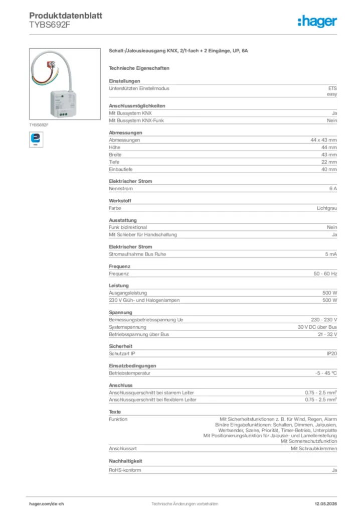 Bild Hager Produktdatenblatt TYBS692F | Hager Schweiz