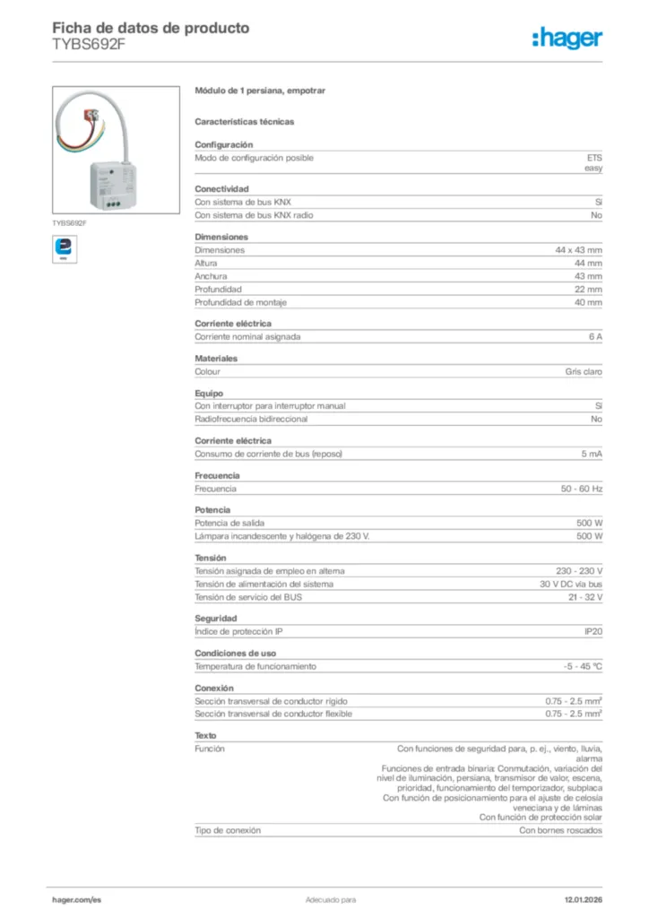 Imagen Hager Ficha de datos de producto TYBS692F | Hager España