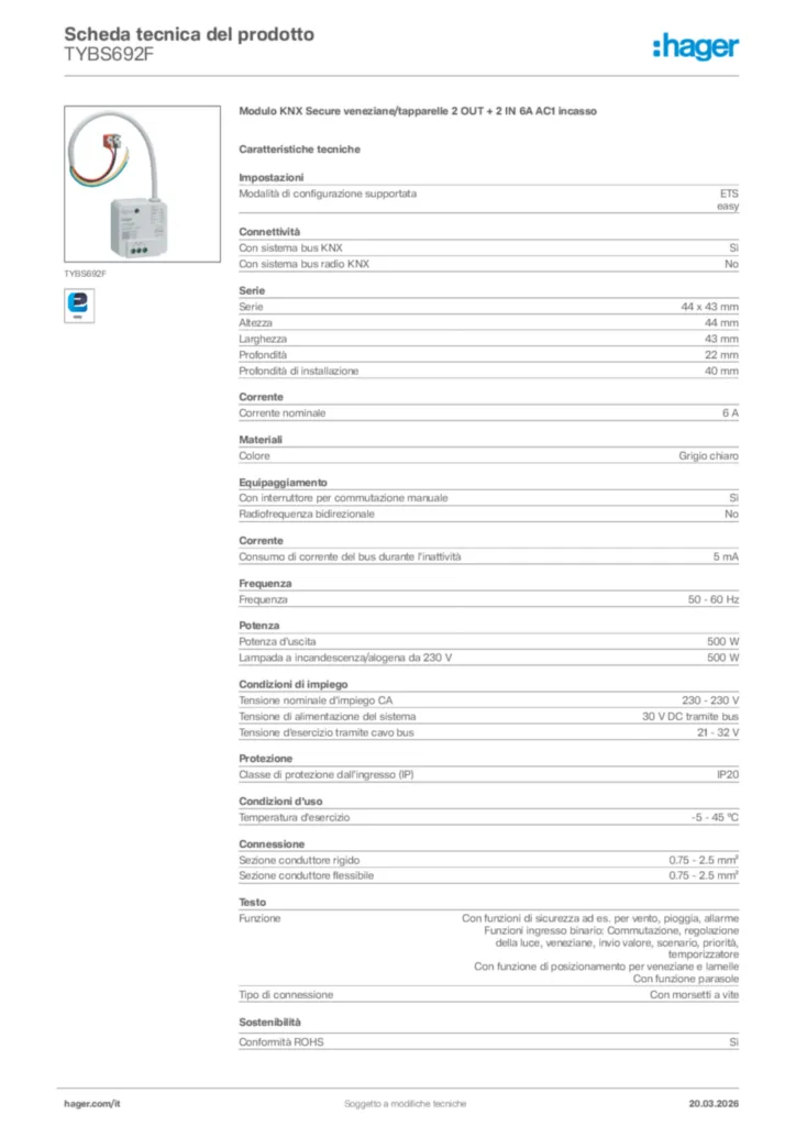 Immagine Hager Scheda tecnica del prodotto TYBS692F | Hager Italia