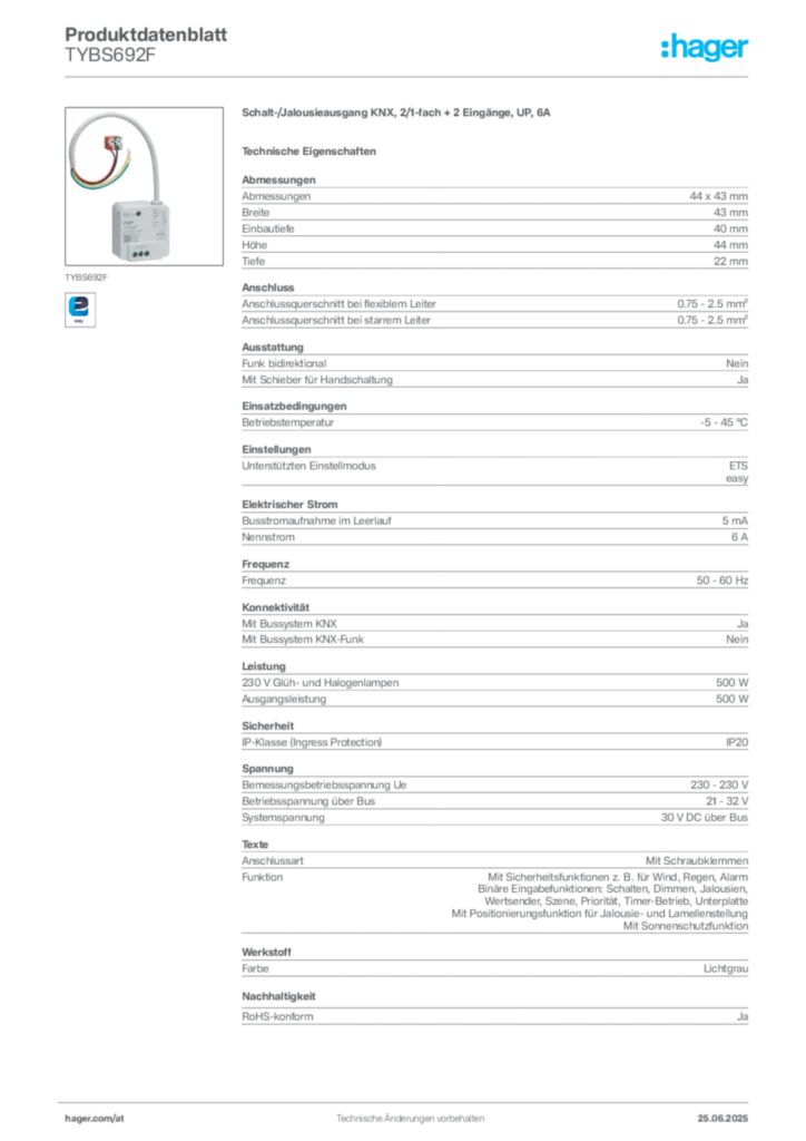 Bild Hager Produktdatenblatt TYBS692F | Hager Deutschland