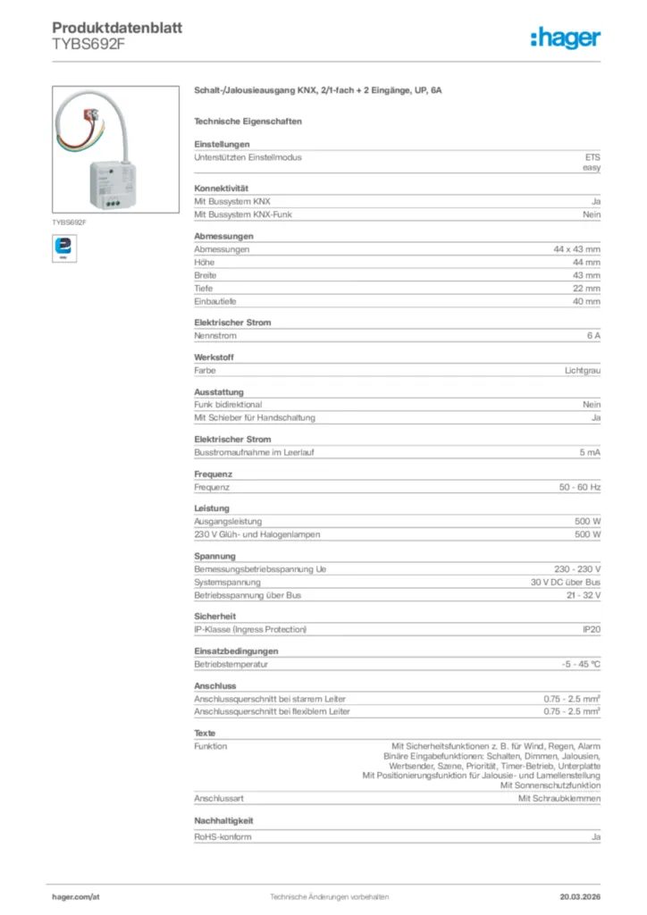 Bild Hager Produktdatenblatt TYBS692F | Hager Deutschland