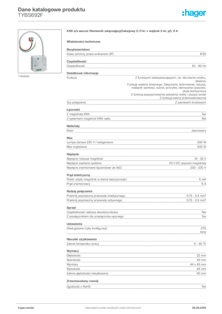 Zdjęcie Hager Dane katalogowe produktu TYBS692F | Hager Polska