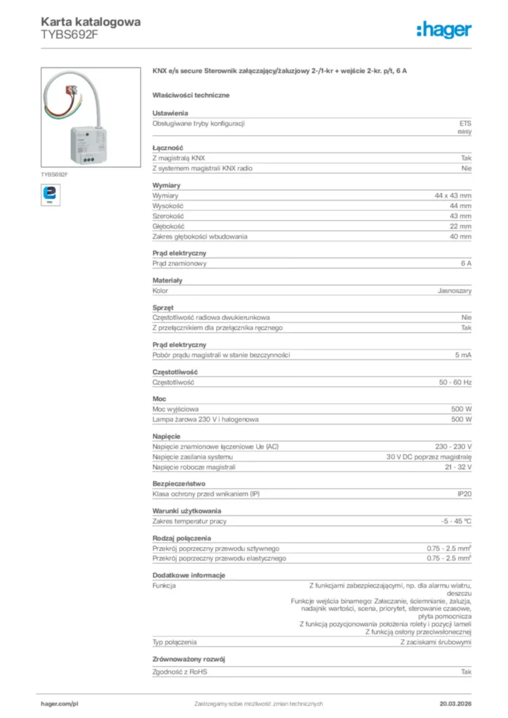 Zdjęcie Hager Karta katalogowa TYBS692F | Hager Polska