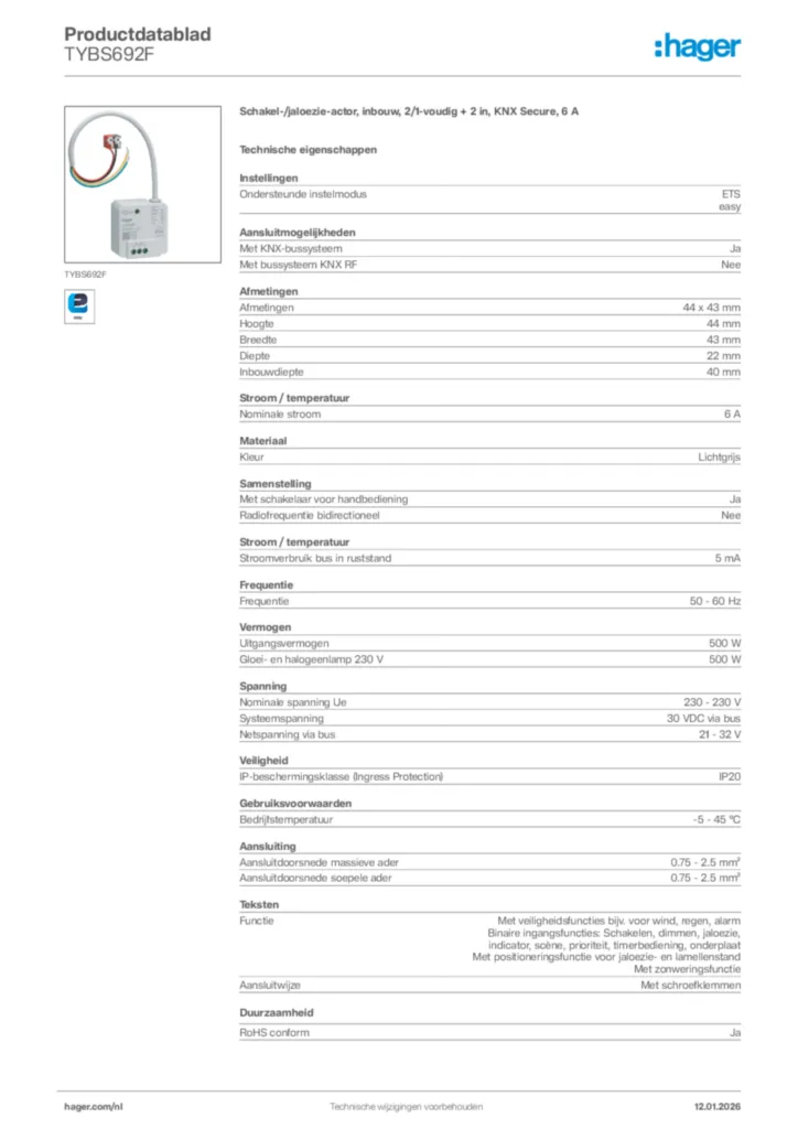 Afbeelding Hager Productdatablad TYBS692F | Hager Nederland
