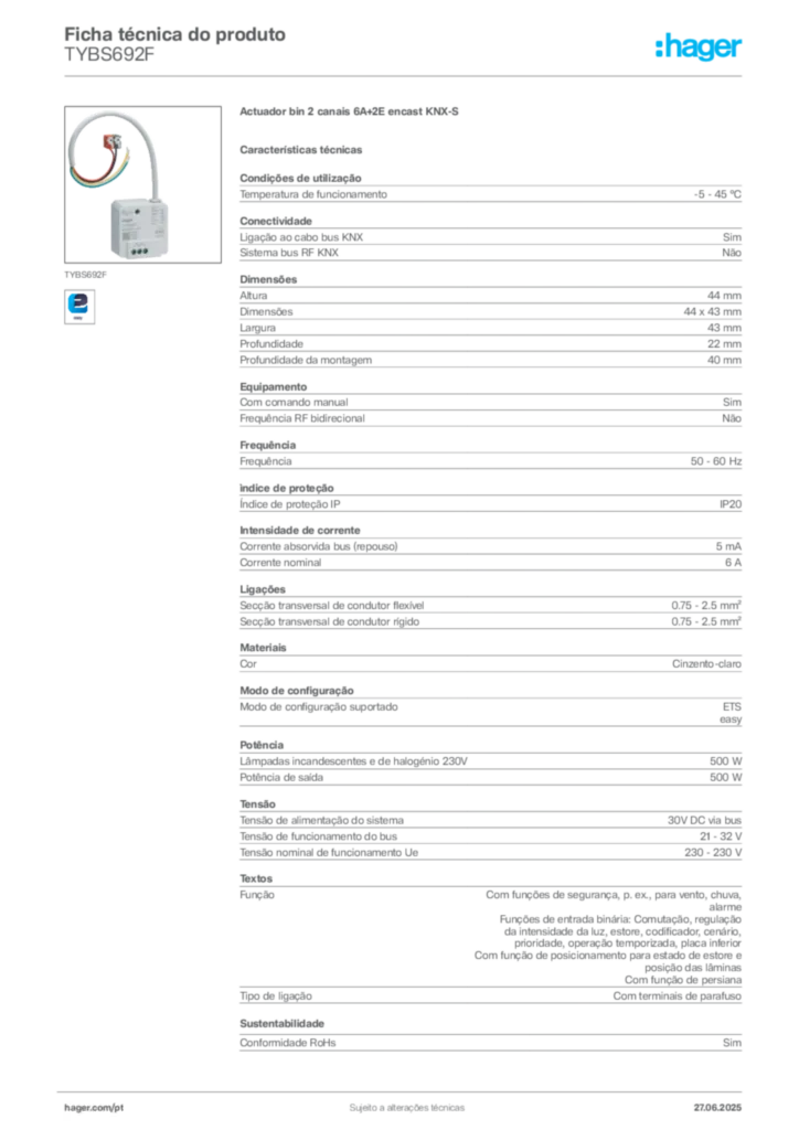 Imagem Hager Ficha técnica do produto TYBS692F | Hager Portugal