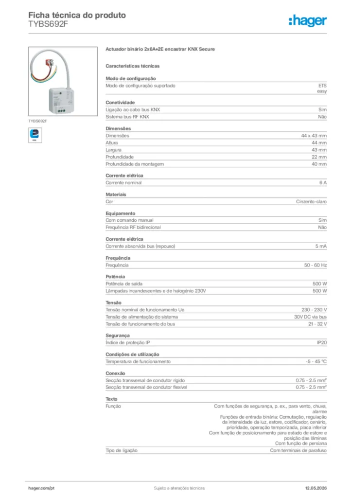 Imagem Hager Ficha técnica do produto TYBS692F | Hager Portugal