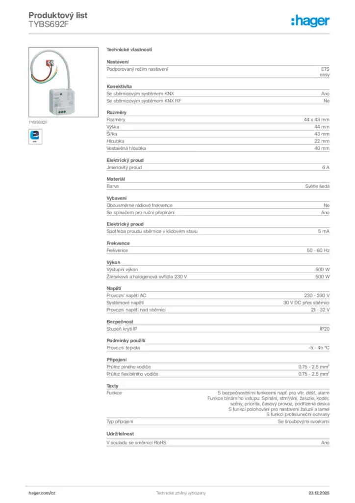 Obrázek Hager Product data sheet TYBS692F | Hager