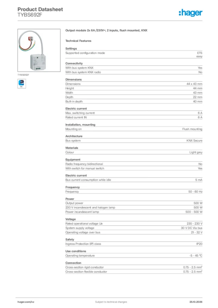 Image Hager Product data sheet TYBS692F  | Hager New Zealand