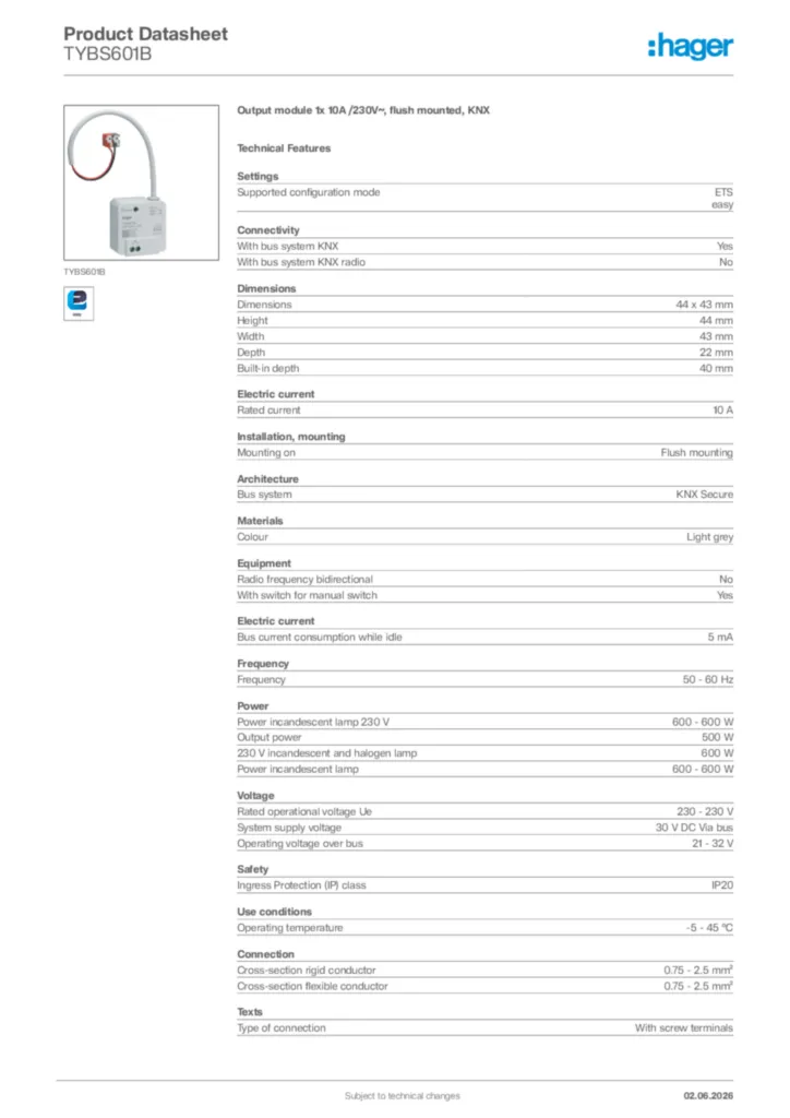 Image Hager Product data sheet TYBS601B  | Hager Africa