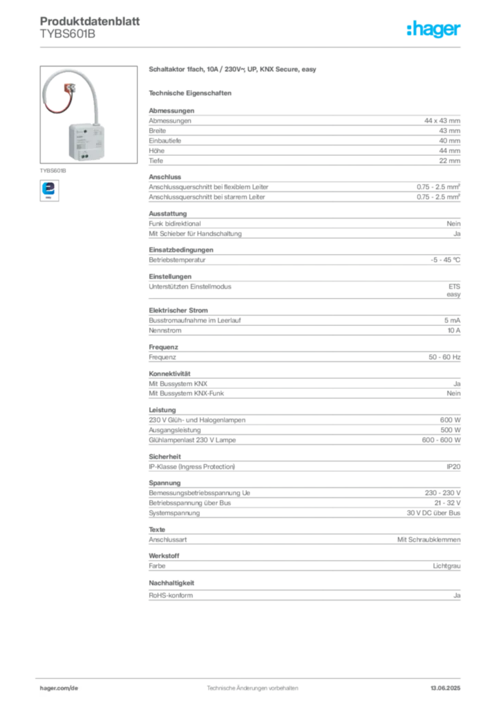 Hager Produktdatenblatt TYBS601B
