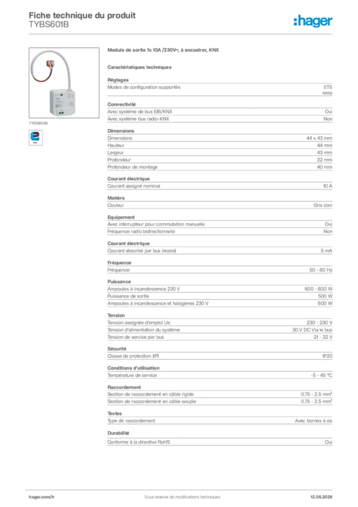 Image Hager Fiche technique du produit TYBS601B | Hager France
