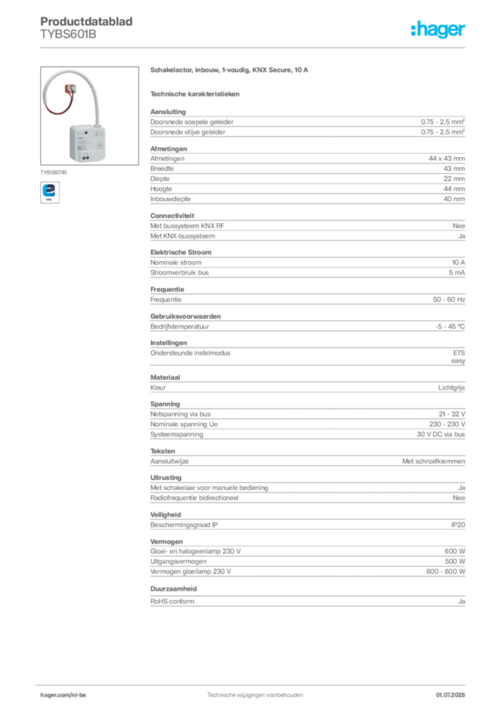 Afbeelding Hager Productdatablad TYBS601B | Hager Belgium