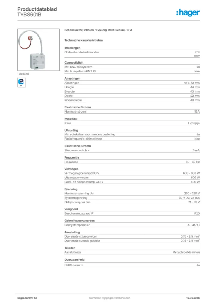 Afbeelding Hager Productdatablad TYBS601B | Hager Belgium