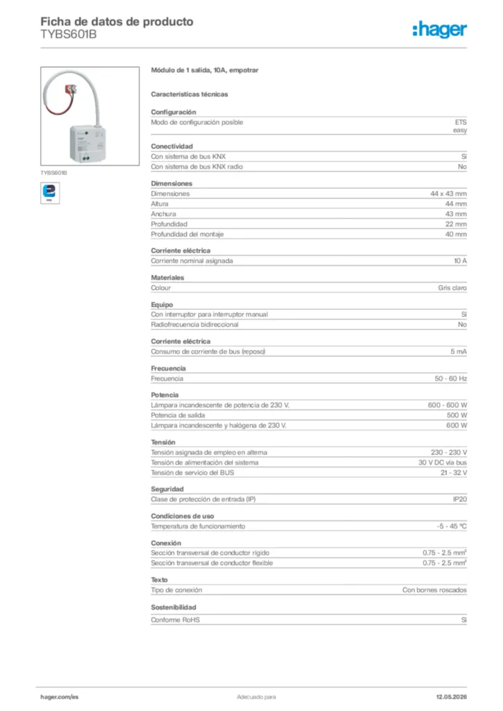 Imagen Hager Ficha de datos de producto TYBS601B | Hager España