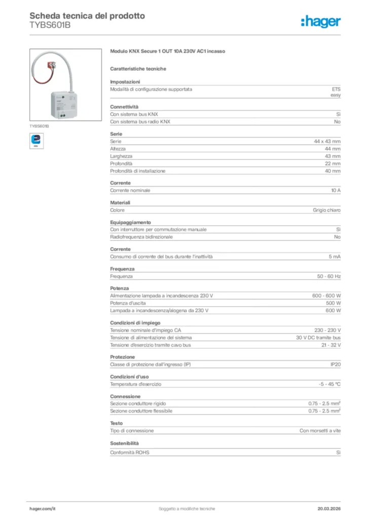 Immagine Hager Scheda tecnica del prodotto TYBS601B | Hager Italia