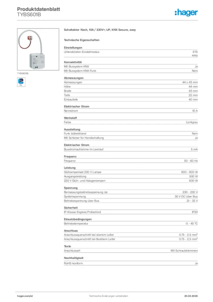 Bild Hager Produktdatenblatt TYBS601B | Hager Deutschland