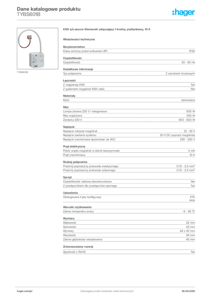 Zdjęcie Hager Dane katalogowe produktu TYBS601B | Hager Polska