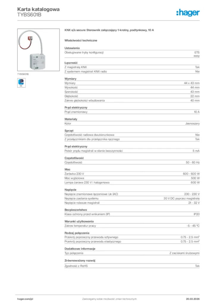 Zdjęcie Hager Karta katalogowa TYBS601B | Hager Polska