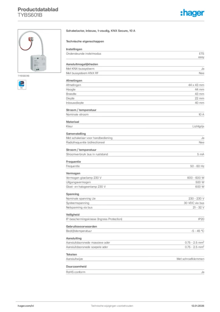 Afbeelding Hager Productdatablad TYBS601B | Hager Nederland