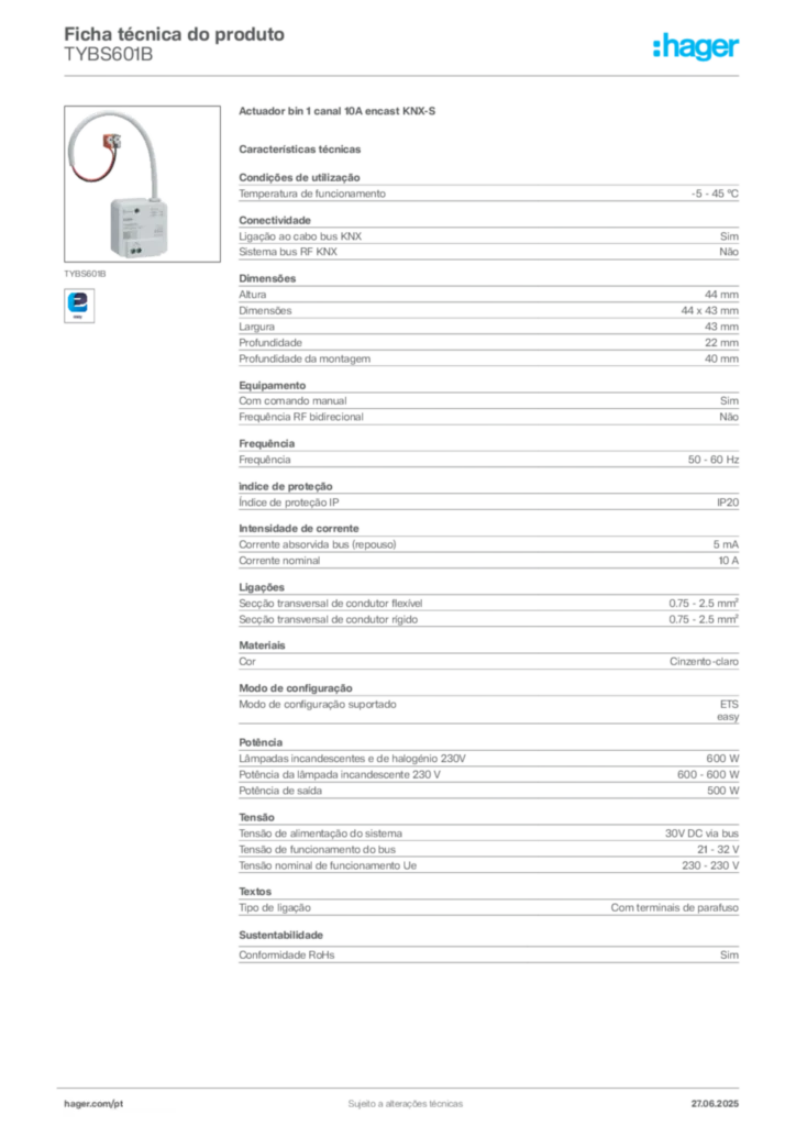 Imagem Hager Ficha técnica do produto TYBS601B | Hager Portugal