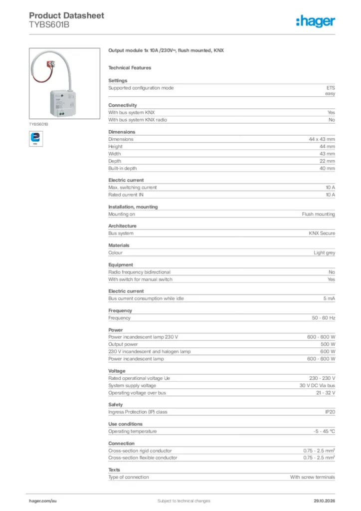 Image Hager Product data sheet TYBS601B  | Hager Australia