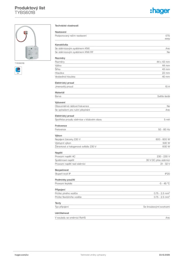 Obrázek Hager Product data sheet TYBS601B | Hager