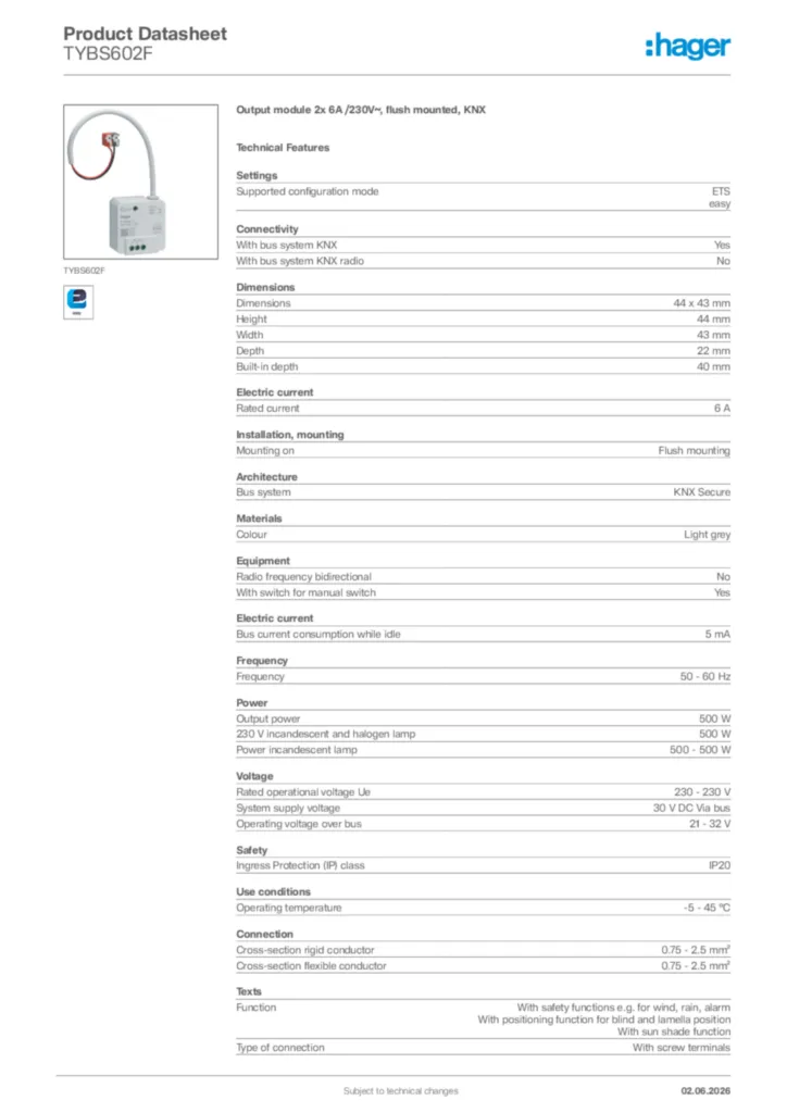 Image Hager Product data sheet TYBS602F  | Hager Africa