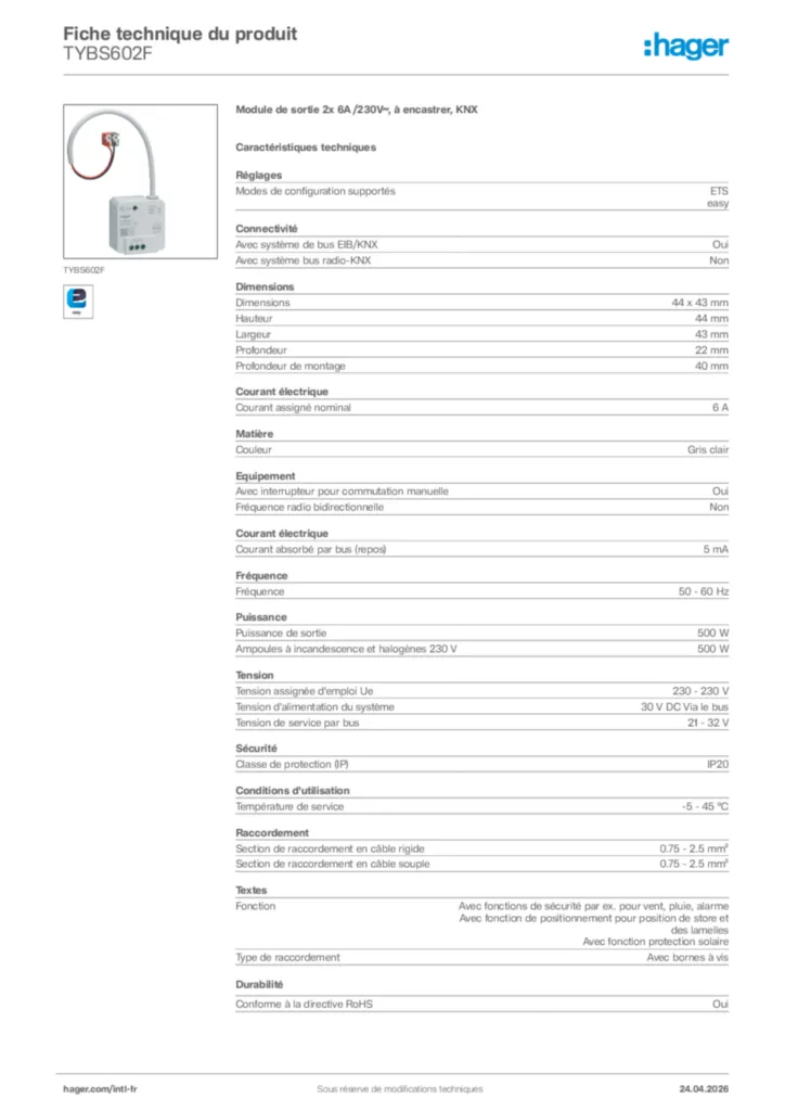 Image Hager Fiche technique du produit TYBS602F | Hager Afrique